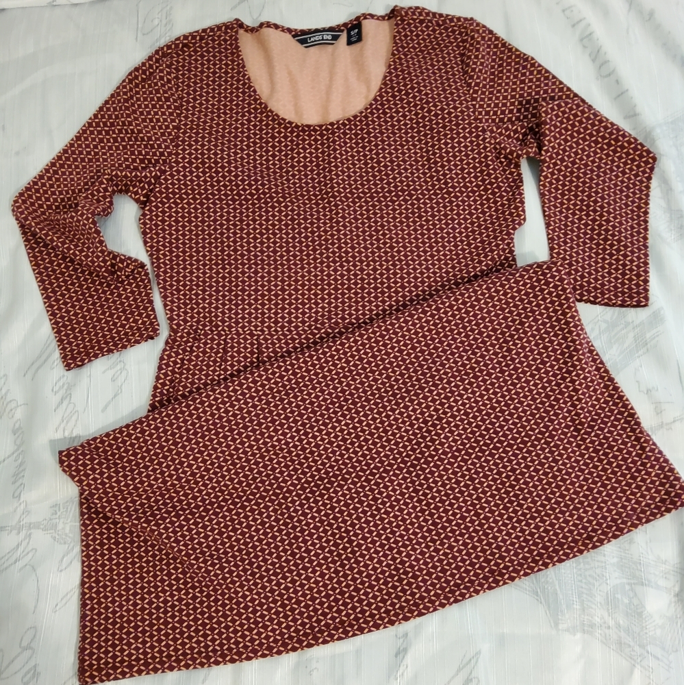 Lands' End Stretch Burgundy 3/4 Sleeve Fit & Flare Dress Scoop Neckline Size S/P